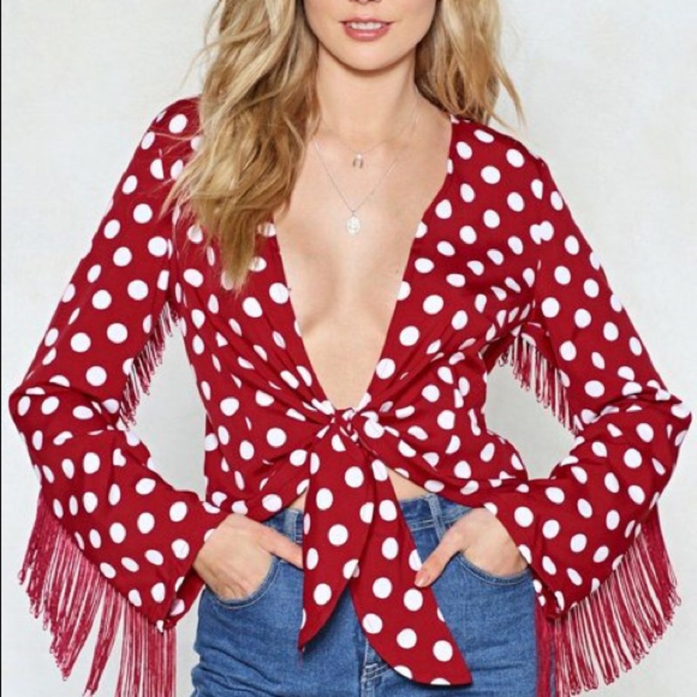 Nasty Gal Red Polka Dot Fringe Tie Top